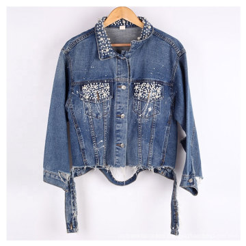 Women Pearl Beaded Denim Jacket Long Sleeve